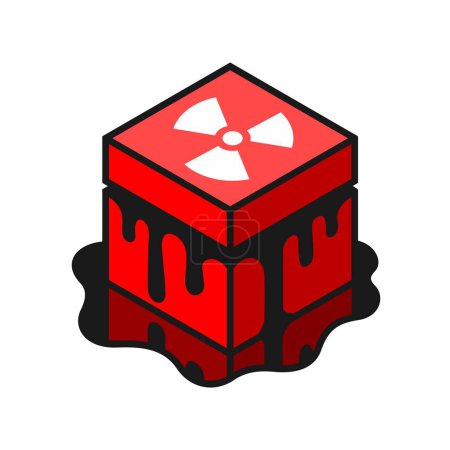 Ein roter Würfelkasten mit einem nuklearen Symbol dringt in eine schwarze Flüssigkeit am Boden ein. Stellvertretend für Gefahr und Vorsicht. Vektorillustration.