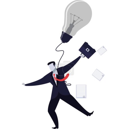 Illustration for Businessman with briefcases hold balance attached to light bulb lamp icon. Funambulist walking on tightrope vector. Business risk, success, failure concept - Royalty Free Image