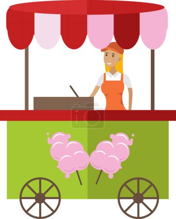 Téléchargez les illustrations : Fournisseur et kiosque à roulettes de crème glacée dans le parc d'attractions icône vectorielle isolé sur fond blanc - en licence libre de droit