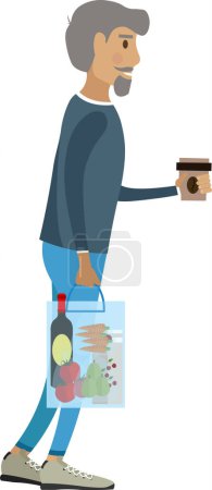 Illustration for Mature man drinking takeaway coffee after shopping vector icon isolated on white background - Royalty Free Image