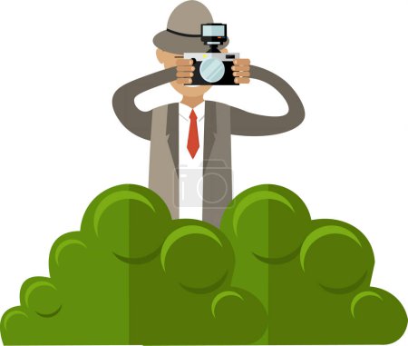 Illustration for Detective with photo camera peeking from bushes vector icon isolated on white background - Royalty Free Image