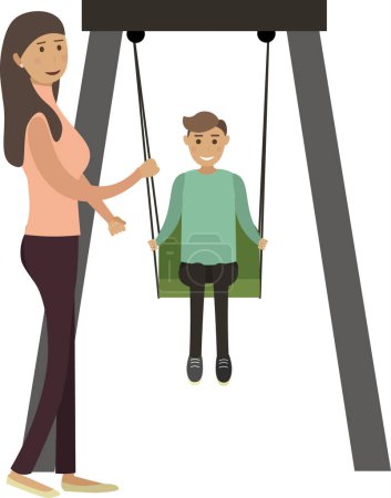 Mom and son on swing in park vector icon isolated on white background