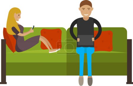 Wife and husband using gadgets sitting on home sofa vector icon isolated on white background