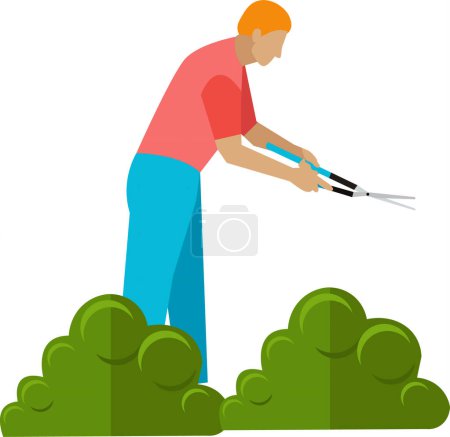 Male gardener trimming bush branches vector icon isolated on white background