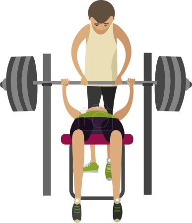 Man doing bench press using barbell with trainer help vector icon isolated on white background