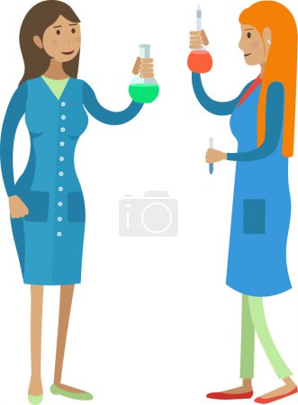 Two young woman laboratory workers conducting chemical experiment vector icon isolated on white background