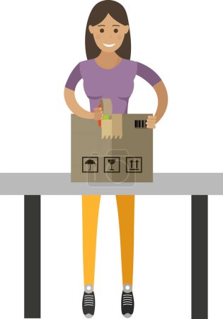 Femme ouvrière d'entrepôt emballage icône vectorielle de colis isolé sur fond blanc