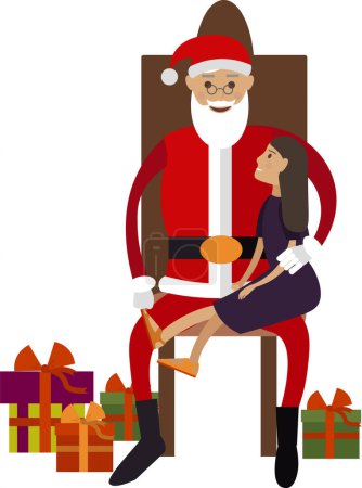 Fille assise sur les genoux du Père Noël et récitant la rime, icône vectorielle tradition de Noël isolé sur fond blanc