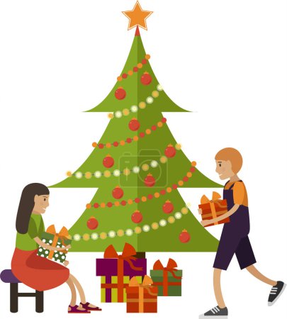 Téléchargez les illustrations : Heureux enfants ouvrant des cadeaux sous l'icône vectorielle arbre de Noël isolé sur fond blanc - en licence libre de droit