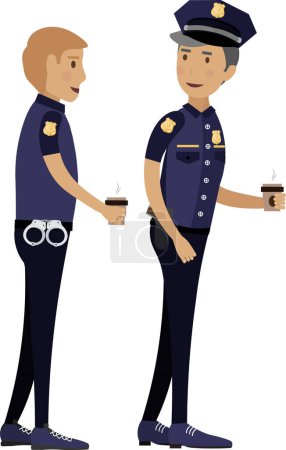 Patrol officers walking drinking coffee vector icon isolated on white background