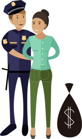 Illustration for Policeman arresting woman thief with stolen money in sack vector icon isolated on white background - Royalty Free Image