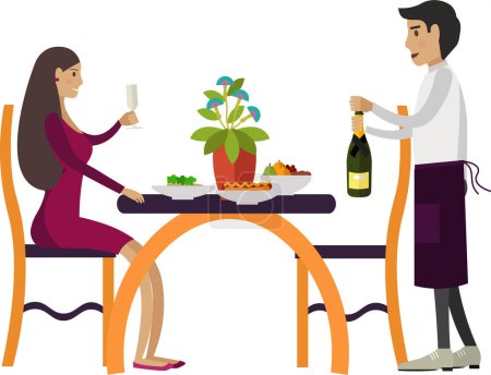 Frau beim Abendessen im Restaurant Vektorsymbol isoliert auf weißem Hintergrund