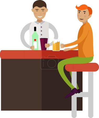 Pub visitor and bartender characters vector icon isolated on white background
