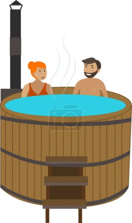 Couple bathing in wooden pool at spa vector icon isolated on white background