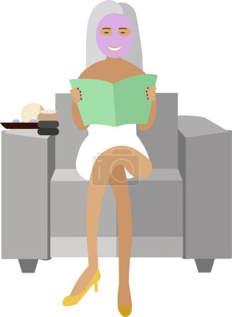 Mujer aplicando máscara facial sentado en la revista de lectura en el icono del vector salón de spa aislado sobre fondo blanco
