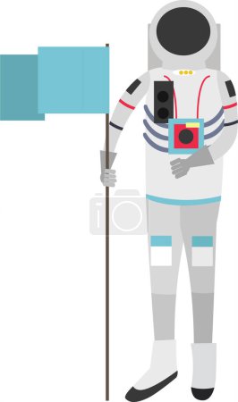 Cosmonaut in spacesuit and helmet putting flag on planet vector icon isolated on white background