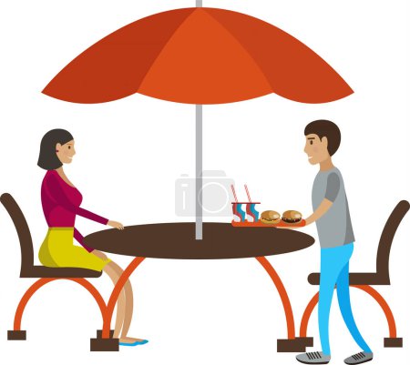 Téléchargez les illustrations : Couple grignotage au bistrot extérieur café icône vectorielle isolé sur fond blanc - en licence libre de droit