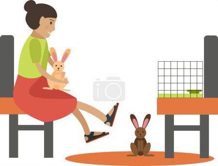 Ilustración de Niña jugando con conejo en zoológico icono de vector tienda aislado sobre fondo blanco - Imagen libre de derechos