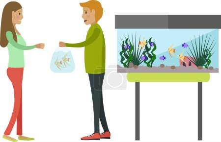Ilustración de Mujer cliente compra pescado en zoológico icono de vector tienda aislado sobre fondo blanco - Imagen libre de derechos
