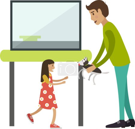 Feliz padre e hija comprar cachorro en zoológico icono de vector tienda aislado sobre fondo blanco