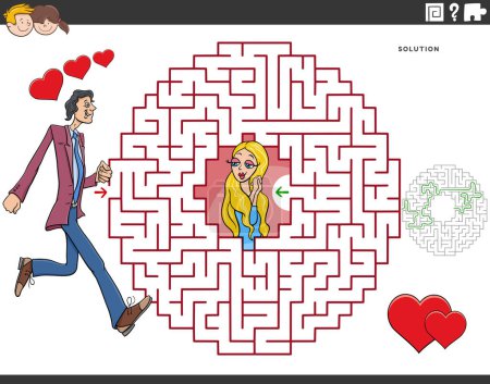 Téléchargez les illustrations : Illustration de dessin animé de jeu de puzzle labyrinthe éducatif pour les enfants avec l'homme dans l'amour et jolie fille - en licence libre de droit