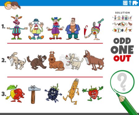 Illustration for Cartoon illustration of odd one out picture in a row educational game for children with comic animal characters and objects - Royalty Free Image