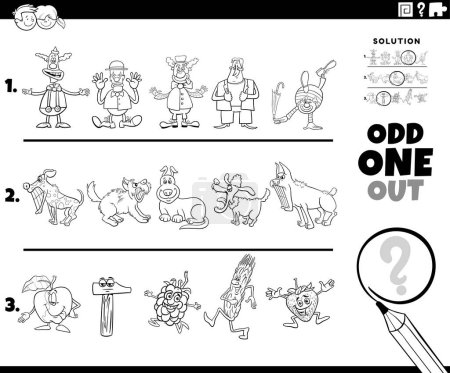 Illustration for Black and white cartoon illustration of odd one out picture in a row educational game for children with comic animal characters and objects coloring page - Royalty Free Image