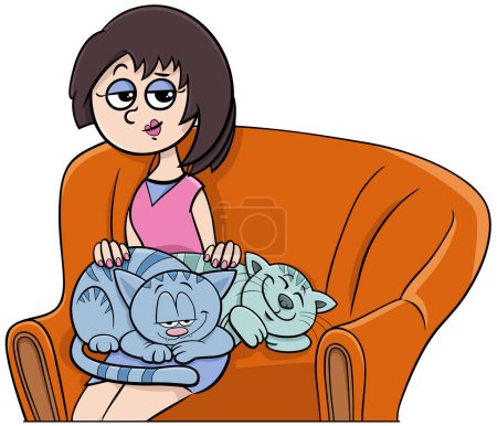 Karikatur einer Frau mit ihren Katzen auf dem Sessel
