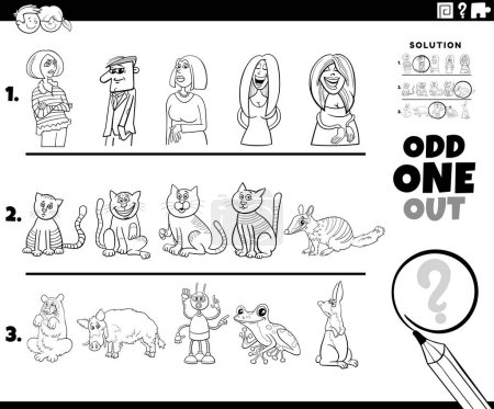 Illustration for Black and white cartoon illustration of odd one out picture in a row educational task for children with comic people and animal characters coloring page - Royalty Free Image