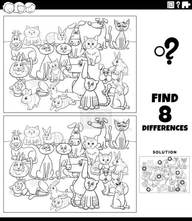 Illustration for Black and white cartoon illustration of finding the differences between pictures educational game with funny dogs and cats and rabbits animal characters group coloring page - Royalty Free Image