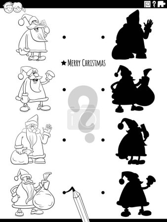 Ilustración de Ilustración de dibujos animados en blanco y negro de coincidir con las sombras correctas con imágenes juego educativo con personajes de Santa Clauuses en la página para colorear de Navidad - Imagen libre de derechos