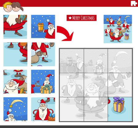 Téléchargez les illustrations : Illustration de dessin animé du jeu de puzzle éducatif pour les enfants avec des personnages du Père Noël sur le temps de Noël - en licence libre de droit