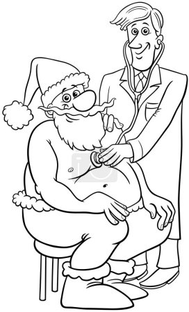 Illustration for Black and white cartoon illustration of Santa Claus at the doctor examination coloring page - Royalty Free Image