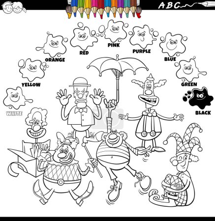 Illustration for Black and white educational cartoon illustration of basic colors with clowns characters group coloring page - Royalty Free Image