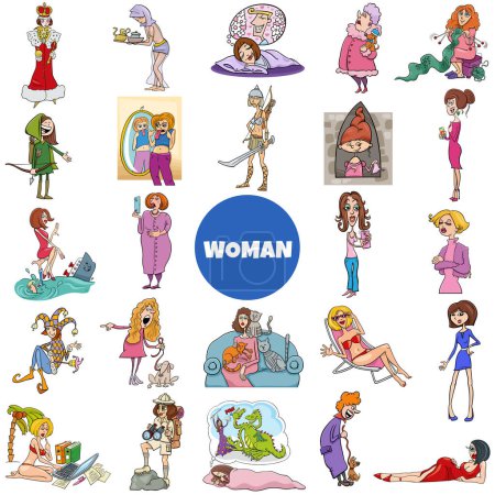 Cartoon illustration of women and girls characters big set