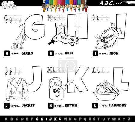Téléchargez les illustrations : Black and white cartoon illustration of capital letters from alphabet educational set for reading and writing practise for children from G to L coloring page - en licence libre de droit