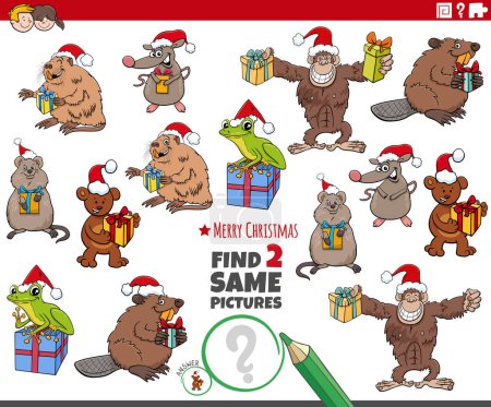 Illustration for Cartoon illustration of finding two same pictures educational game with funny animals with Christmas gifts - Royalty Free Image