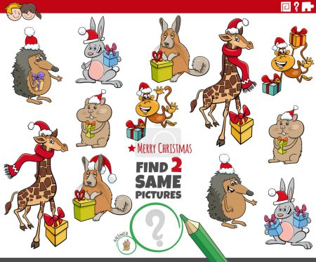 Téléchargez les illustrations : Illustration de bande dessinée de trouver deux mêmes photos activité éducative avec des animaux drôles avec des cadeaux de Noël - en licence libre de droit