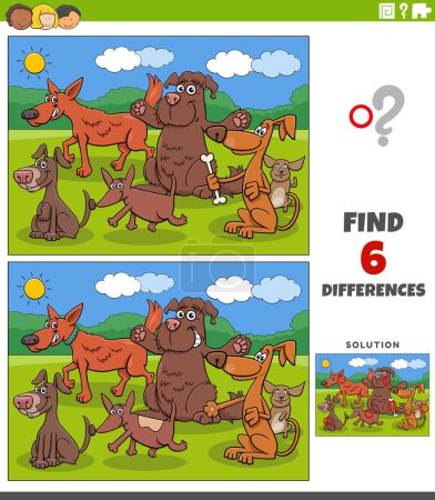 Illustration for Cartoon illustration of finding the differences between pictures educational game with funny dogs animal characters group - Royalty Free Image