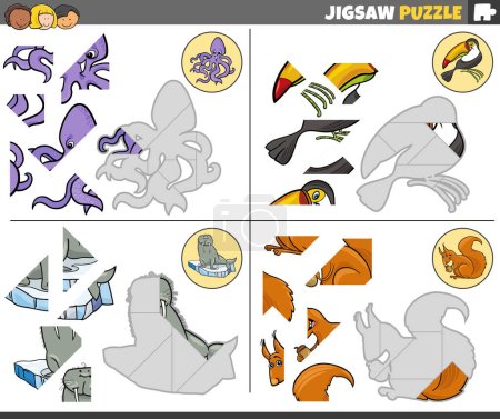 Ilustración de Cartoon illustration of educational jigsaw puzzle tasks set with funny animal characters - Imagen libre de derechos