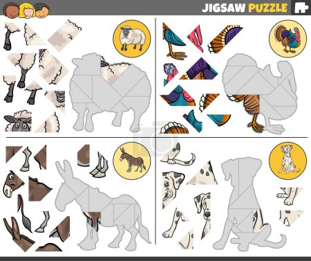 Téléchargez les illustrations : Cartoon illustration of educational jigsaw puzzle tasks set with funny animal characters - en licence libre de droit