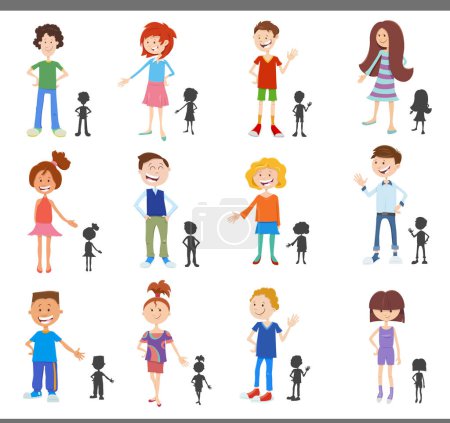 Illustration for Cartoon illustration of happy children and teenagers comic characters with silhouettes set - Royalty Free Image