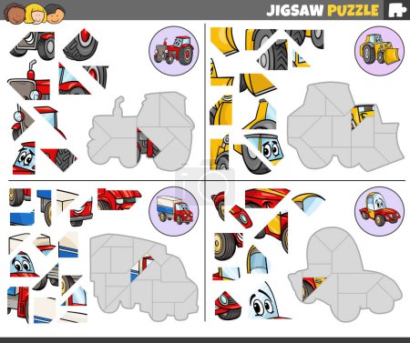 Cartoon illustration of educational jigsaw puzzle games set with vehicle characters