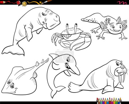 Téléchargez les illustrations : Black and white cartoon Illustration of marine animal characters set coloring page - en licence libre de droit