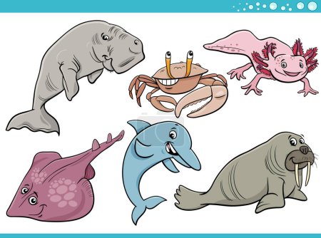Téléchargez les illustrations : Illustration de dessins animés de la vie marine ou des personnages d'animaux marins - en licence libre de droit