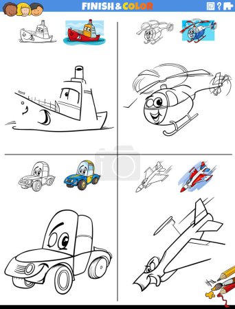 Illustration for Cartoon illustration of drawing and coloring educational worksheets set with vehicle characters - Royalty Free Image