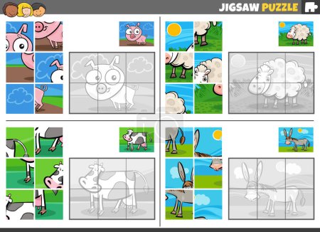 Illustration for Cartoon illustration of educational jigsaw puzzle games set with farm animal characters - Royalty Free Image