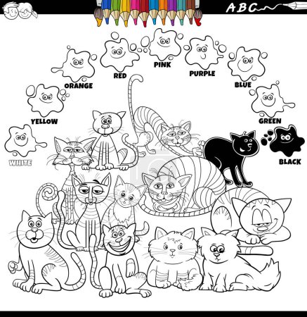 Illustration for Black and white educational cartoon illustration of basic colors with cats characters group coloring page - Royalty Free Image