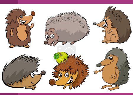 Téléchargez les illustrations : Illustration de bande dessinée de hérisson heureux personnages d'animaux comiques ensemble - en licence libre de droit