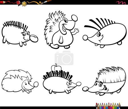 Téléchargez les illustrations : Black and white cartoon humorous illustration of hedgehogs animal characters set coloring page - en licence libre de droit